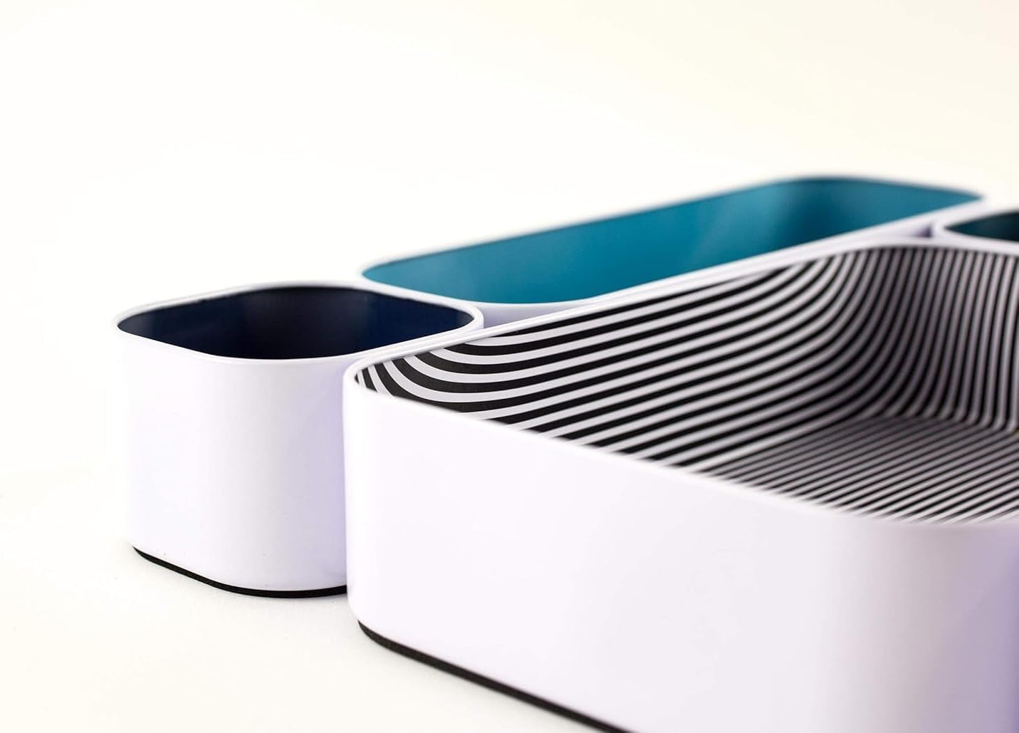 Three by Three Seattle 5 Piece Metal Organizer Tray Set for Storing Makeup, Stationery, Utensils, and More in Office Desk, Kitchen and Bathroom Drawers (2 Inch, Assorted Blue and Stripes)