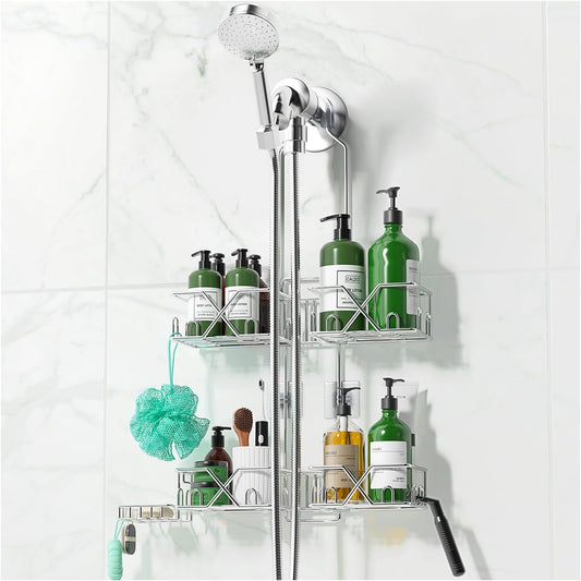 Stainless Steel Shower Caddy for Handheld Shower Heads,Rustproof Hose Shower Organizer Adjustable Length Shower Rack with 24 Hooks,Razor Holder,Soap Holder