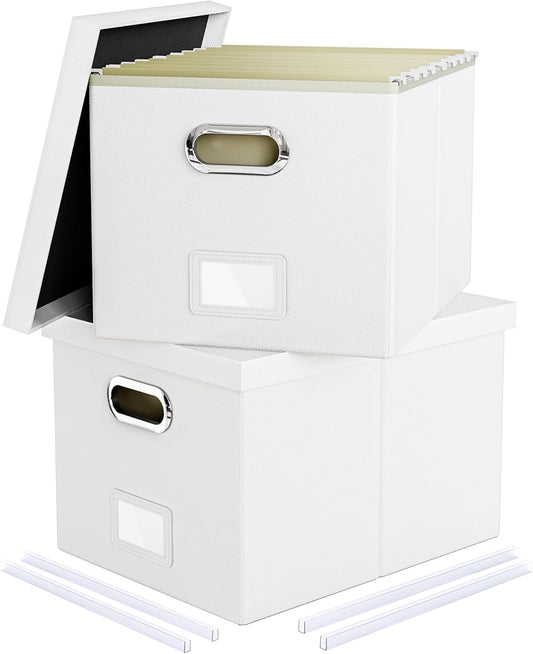 2 Pack File Storage Organizer, Portable File Box with Lid, Fit for Letter/Legal File Folder Storage, White (Leather) - Box only