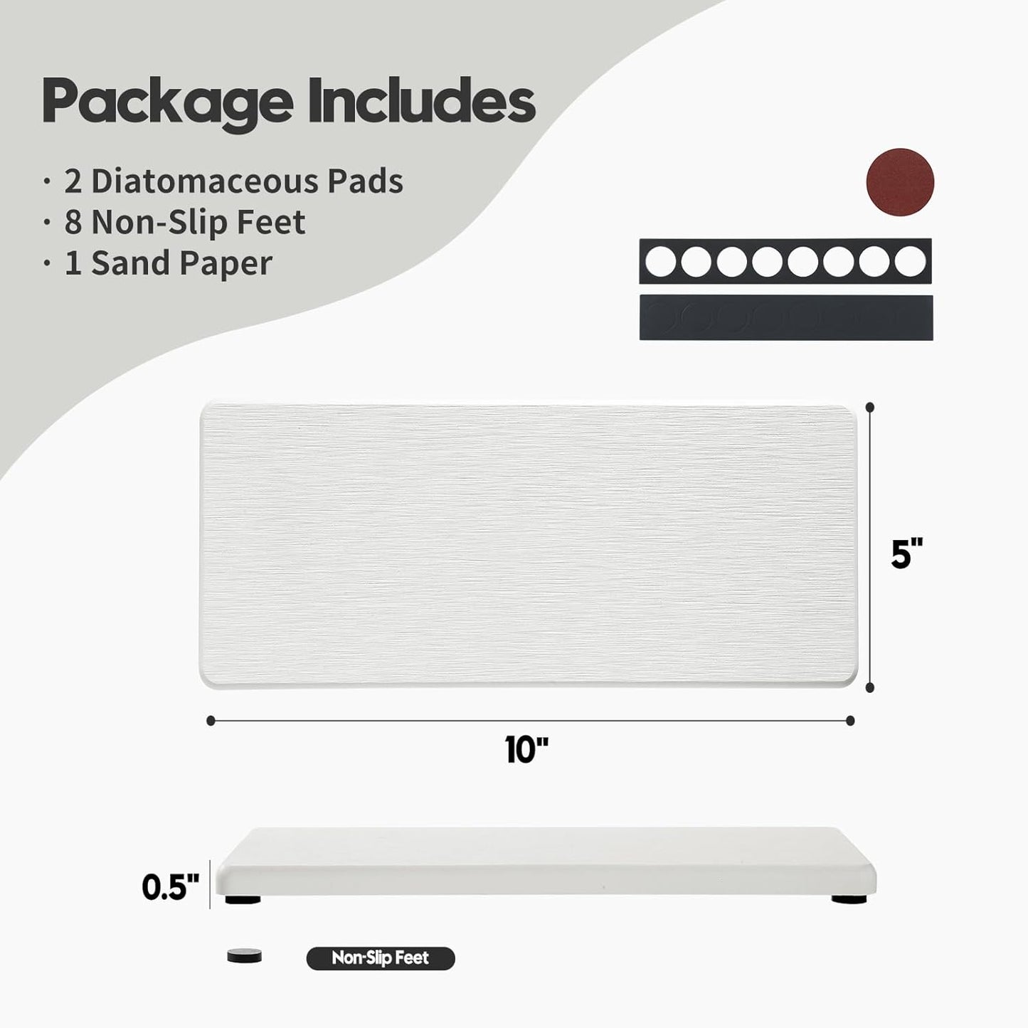 2PCS 10"x 5" Large Bathroom Sink Vanity Trays, Water Absorbing Diatomite Stone Quick Drying Mat for Kitchen Counter, Dish Rack Dispensers Sponge Holder Caddy Organizer, White, 10"x 5"