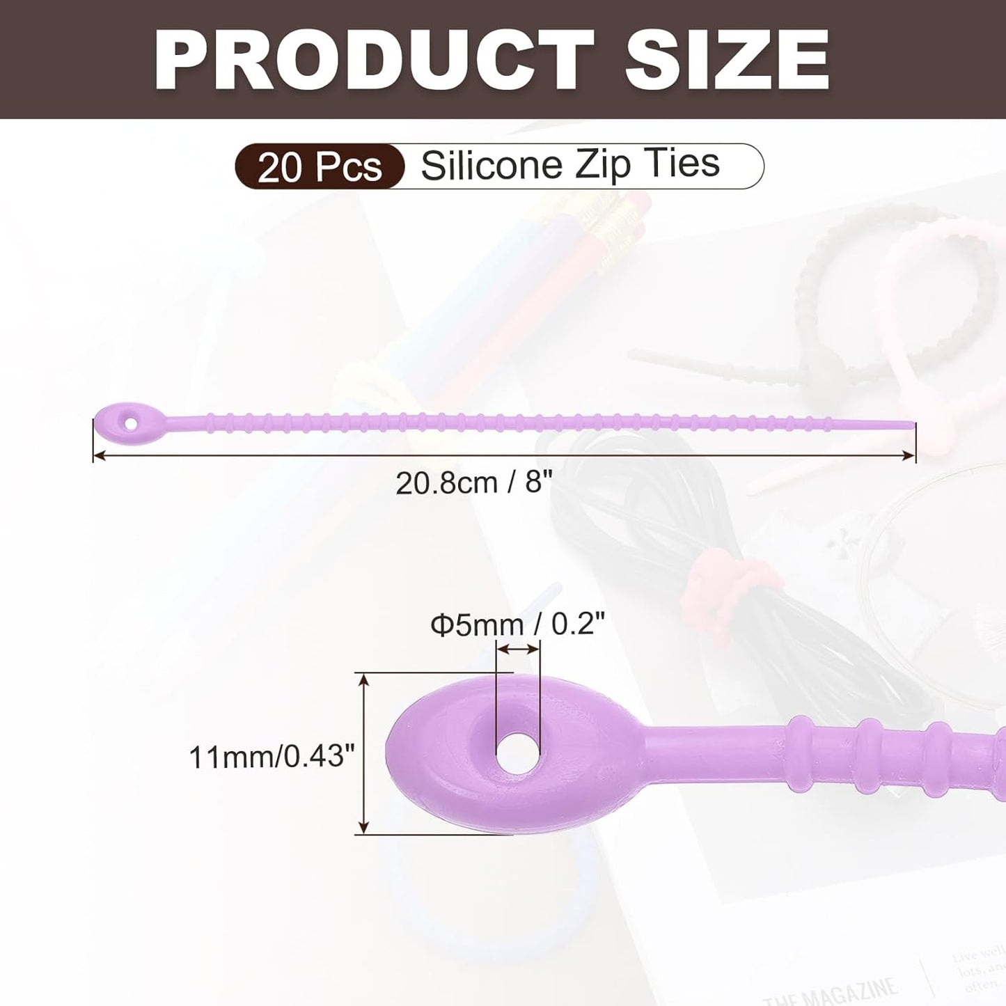 PATIKIL 8 Inch Silicone Cable Ties, 20pcs Rubber Reusable Twist Zip Ties Organizer for Home Office Kitchen Food bags Wires Adjustable Bag Clip, Light Purple