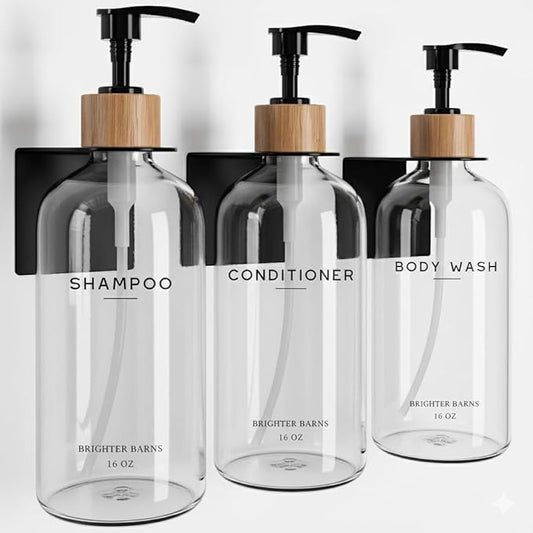 Clear Shampoo and Conditioner Dispenser Set Wall Mounted by Brighter Barns - Plastic Shower Dispenser 3 Chamber No Drill - Refillable Shampoo, Body Wash and Conditioner Bottle for Shower Wall (Clear)