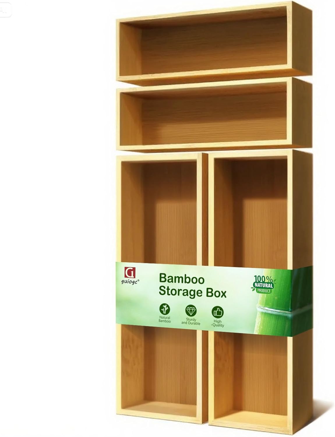 Bamboo Drawer Silverware Organizer, Flatware Organizer, Bamboo Storage Box for Office, Bathroom and other objects storage (large14.2 x5 x2 Small 9.85"x3.55"x1.78"- Set of 4)