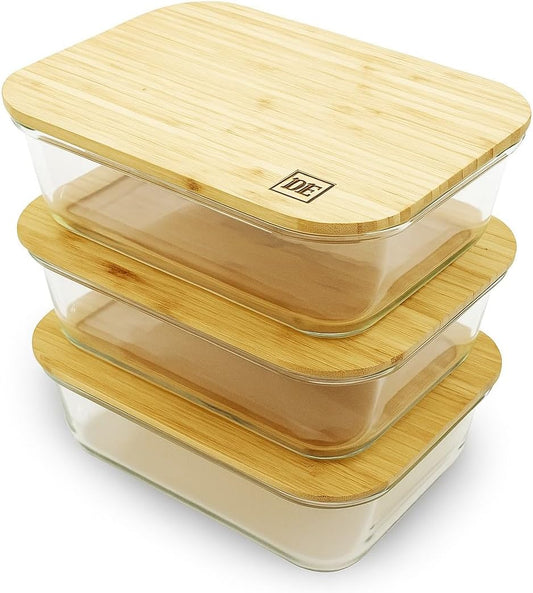 DE Plastic-Free Glass Storage Containers (3-Pack, 51oz) with Bamboo Lids – Eco-Friendly, Airtight, Reusable – Oven, Microwave & Dishwasher Safe – BPA-Free & Sustainable.