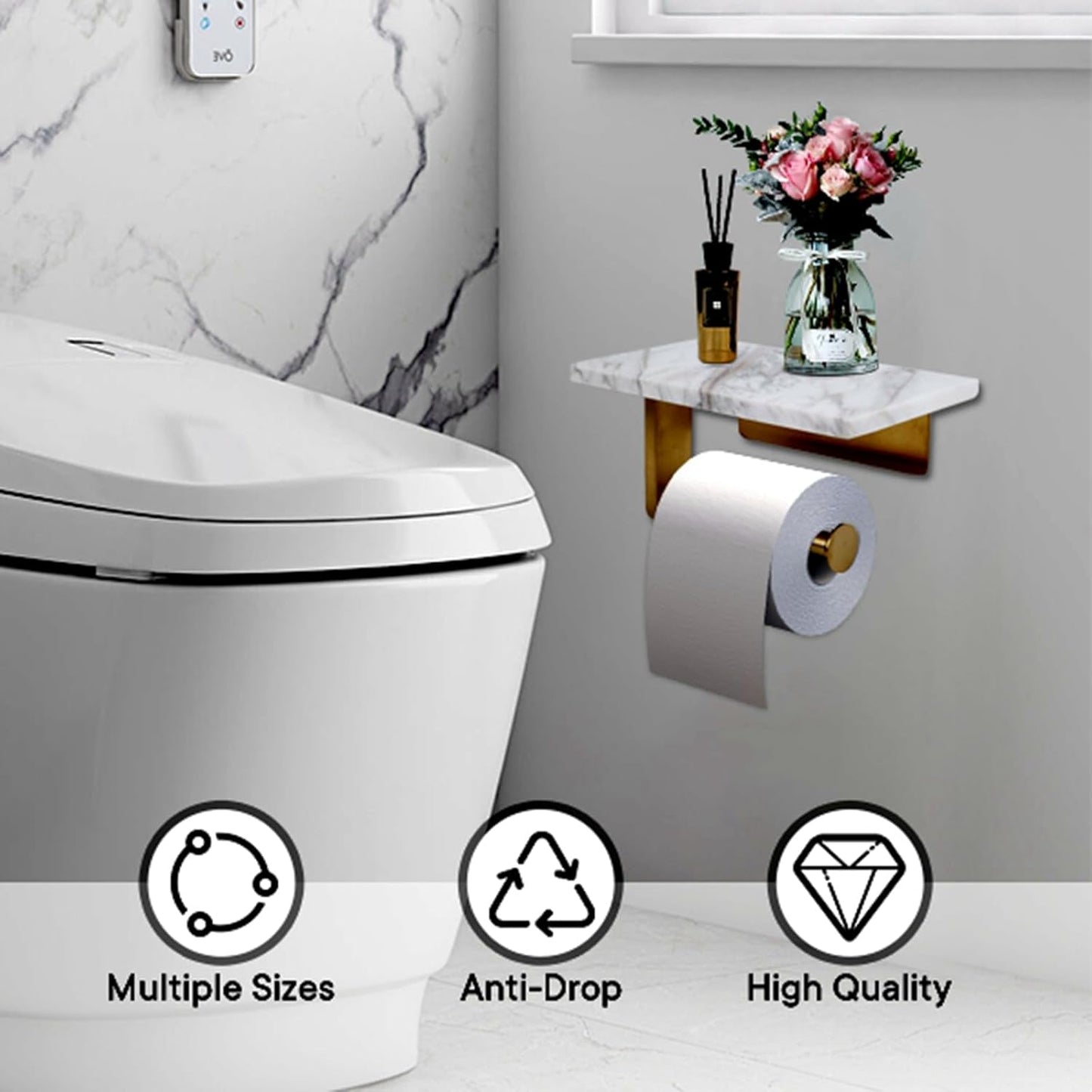 Toilet Paper Holder with Natural Marble Shelf for Bathroom Washroom,Wall Mounted Tissue Holder Suitable for Mega Roll (Brushed Gold, Middle 7.87 * 4.72 in)