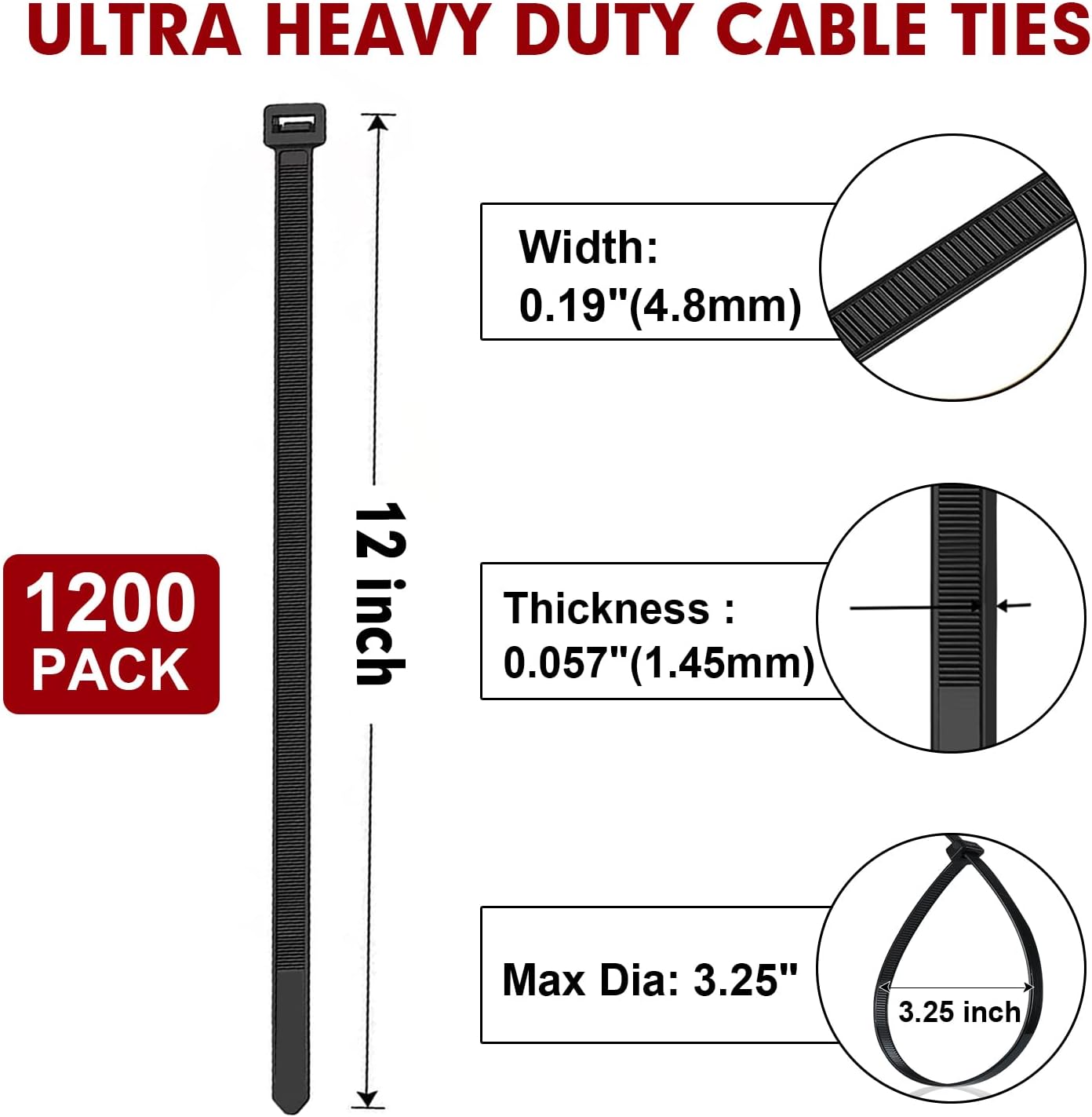 Zip Ties, RAZCC 1200pcs Black Cable Zip Ties 12 Inch, Heavy Duty Plastic Wire Ties with 70lb Tensile Strength, Self-Locking Black Nylon Tie Wraps for Indoor and Outdoor