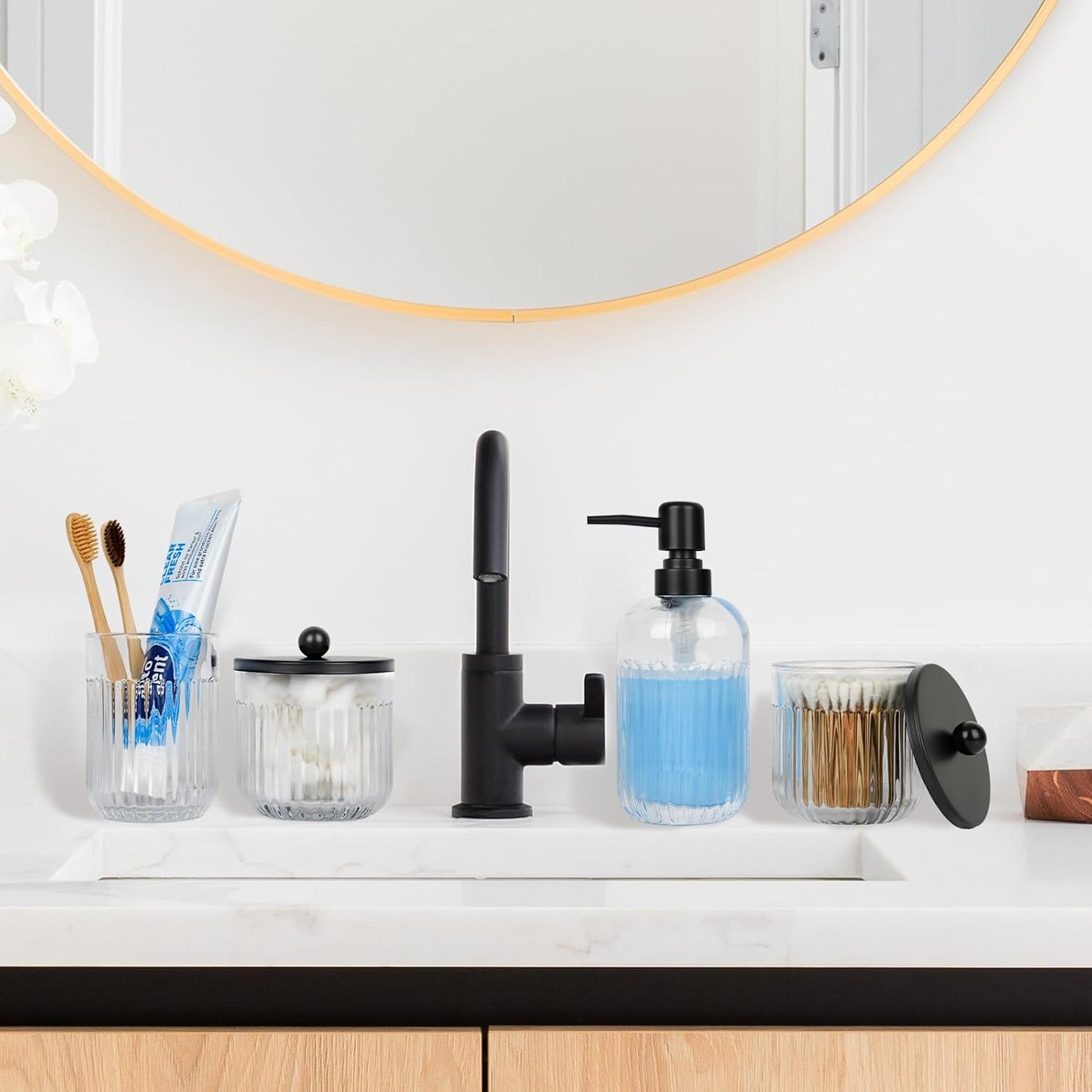 Bathroom Accessories Set,4 Pcs Clear Glass Bathroom Accessories Set with Toothbrush Holder,Lotion Soap Dispenser,2 Qtip Holder Dispensers - Countertop Organizer for Modern Bathroom Decor - Clear