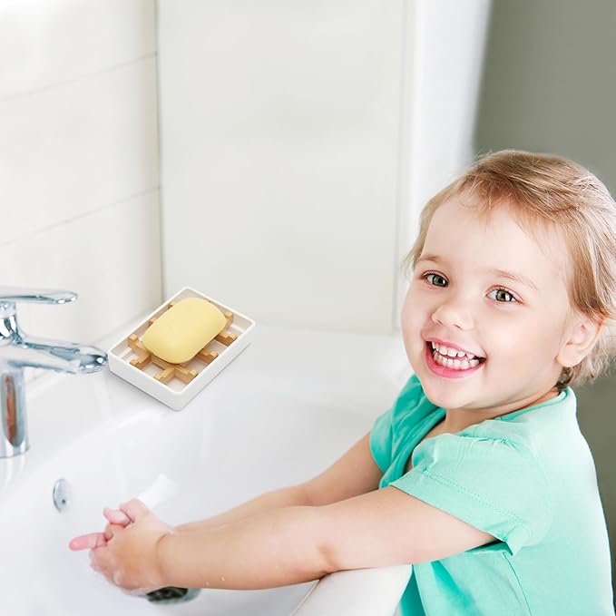 Bamboo Soap Dishes for Shower Wooden Soap Bar Holder for Bathroom Soap Tray Easy to Clean, Durable and with Non-Slip Pads(Single White Square)