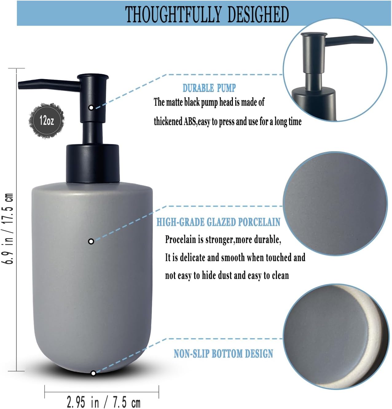 Gray Soap Dispenser with Matte Black Pump for Bathroom,Cylindrical Lotion Dispenser,12oz Ceramic Relief Hand Dish Soap Dispenser,Refillable Liquid Dispenser for Kitchen (Relief Gray)