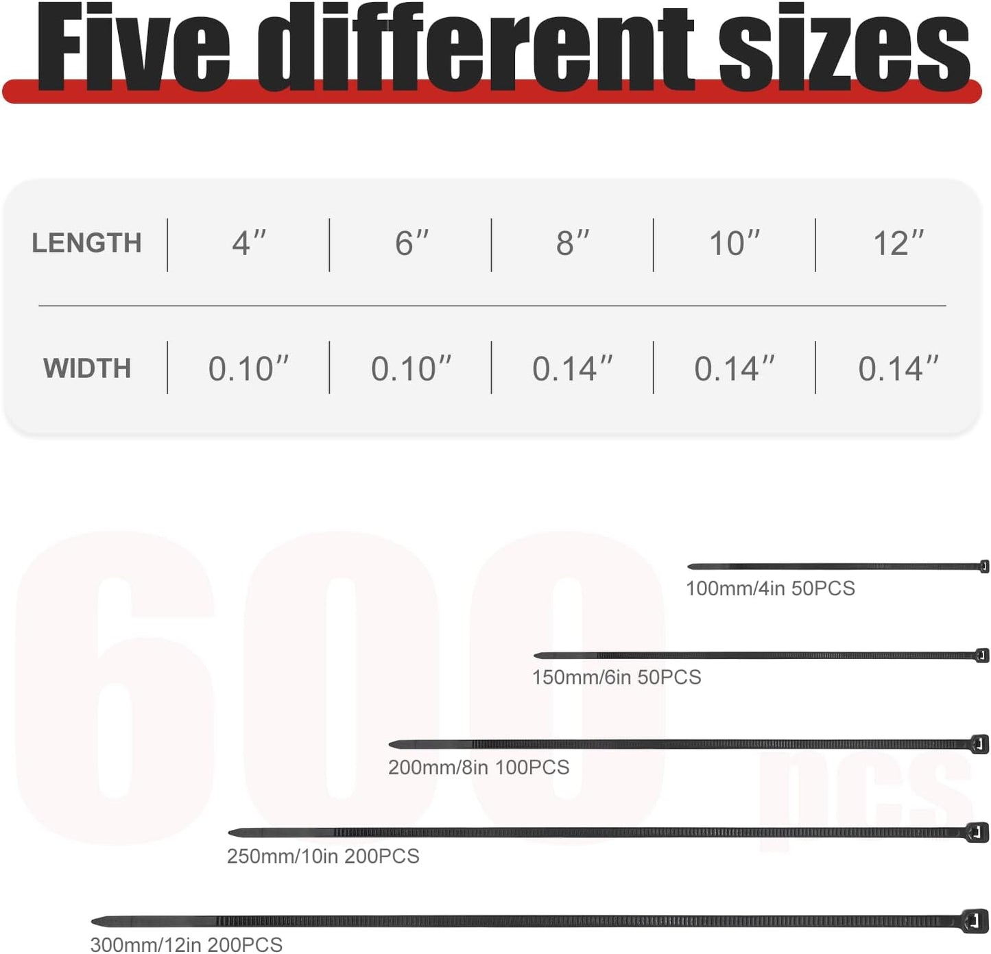 APIELE Cable Zip Ties 600 Pack BLACK Assorted Sizes 4 6 8 10 12 inch Multi-Purpose Self-Locking Nylon Cable UV Resistant Wire Ties for Indoor & Outdoor Home Office Garden Workshop