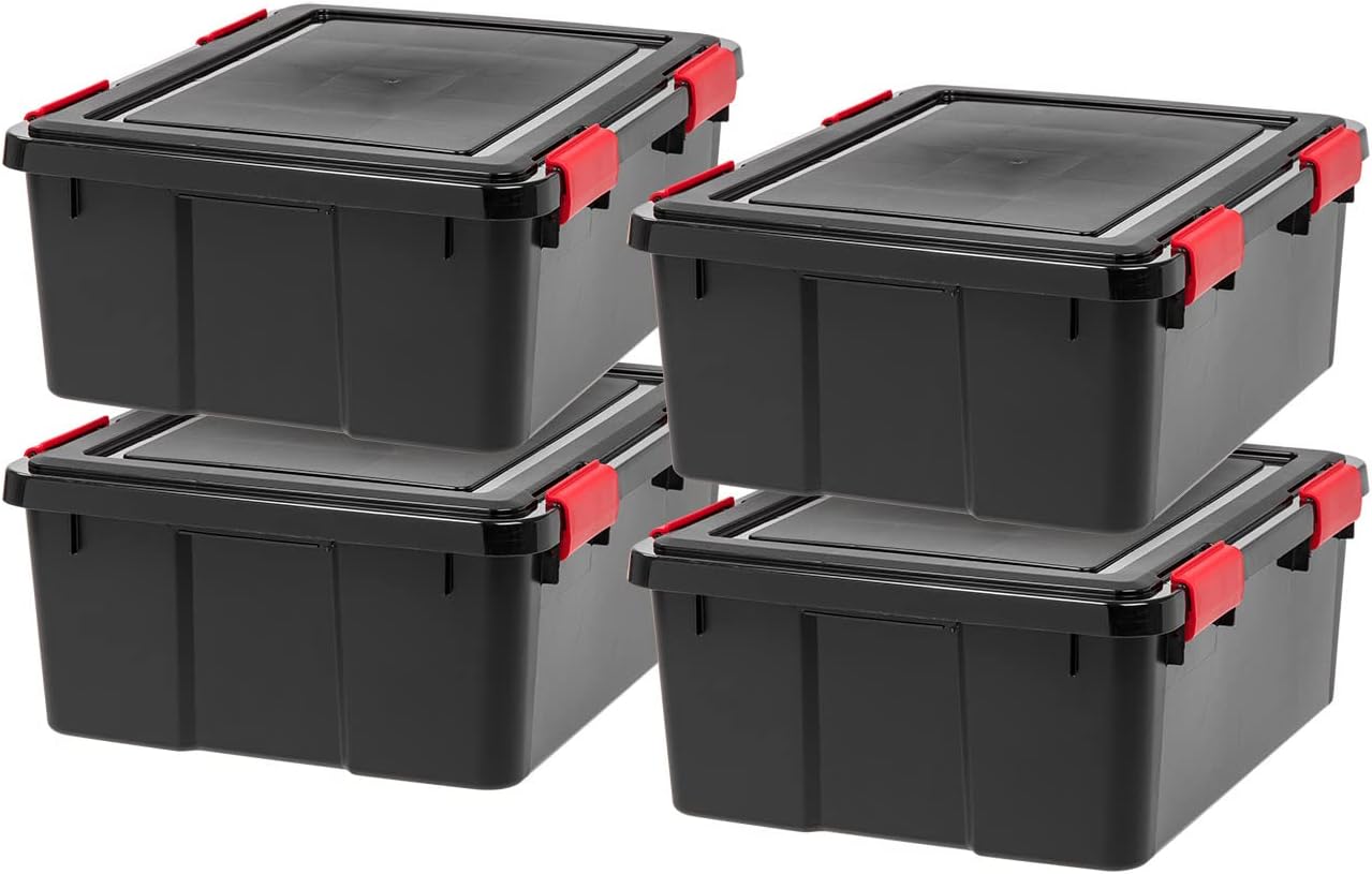 IRIS USA WeatherPro 31 Qt Storage Bins with Lids, 4 Pack, BPA-Free Plastic Gasket Box with Tight Latch and Seal, Stackable Nestable Tote Tub - Black/Red