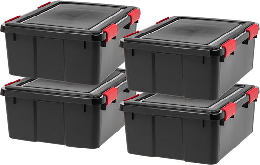 IRIS USA WeatherPro 31 Qt Storage Bins with Lids, 4 Pack, BPA-Free Plastic Gasket Box with Tight Latch and Seal, Stackable Nestable Tote Tub - Black/Red