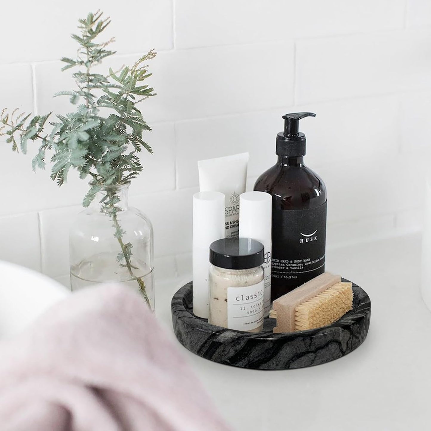 Travertine Tray, Small Ceramic Vanity Tray for Bathroom Counter Decor, Round Marble Decorative Trays for Coffee Table (Grey Black, Small Size)