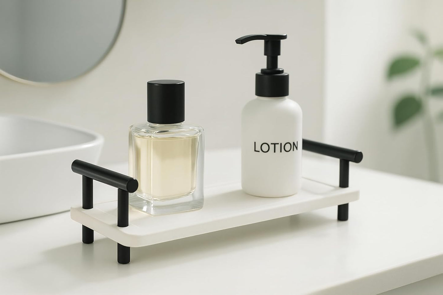 2PCS Water Absorbent Kitchen Countertop Organizer, Sink Caddy, Fast Drying Stone Diatomaceous Earth Tray, Sink Organizer, Water Absorbing Stone Tray for Countertop (White & Black Handle, Small)