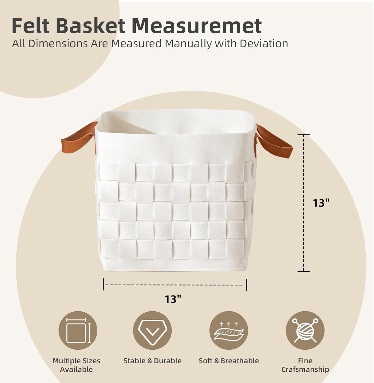 boldmonkey Storage Basket 3 Pack, 13" x13" x13 Large Blanket Baskets with Leather Handle, Cube Felt Fabric Storage Box for Shelves, Bedroom, Nursery, Living Room - Beige