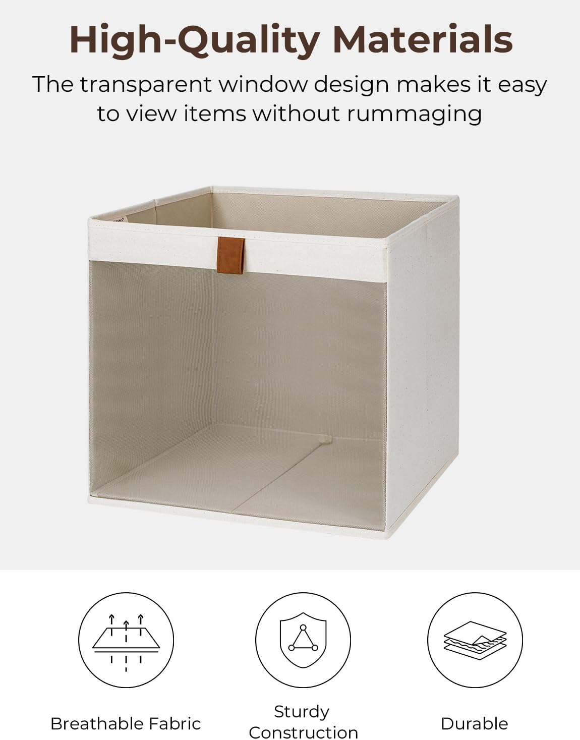 StorageWorks 13x13 Storage Cubes, Closet Storage Bins with Clear Window, Large Fabric Organizer for Clothes, Collapsible Storage Baskets with PU Handles, Beige, 3-Pack