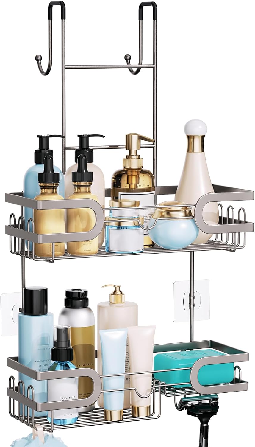 HapiRm Shower Caddy over Door- Hanging Shower Organizer with 14 Hooks and Soap Holder, Rustproof & Waterproof Stainless Steel Bathroom Shelf - Brushed Nickel