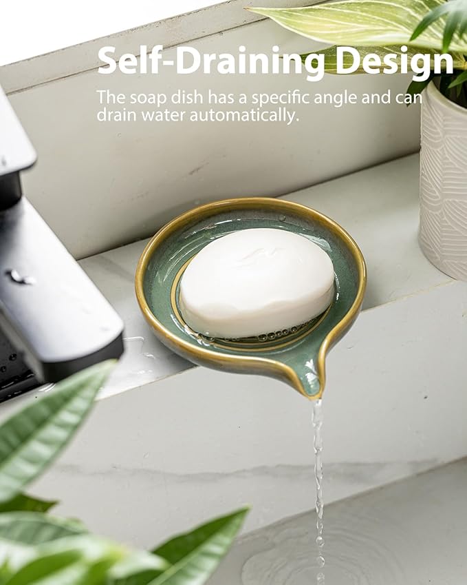 Ceramic Soap Dish, Self Draining Soap Holder Bar Soap Dish for Bathroom Kitchen Counter Soap Saver Tray Keep Soap Bar Dry Easy to Clean, Blue and Green