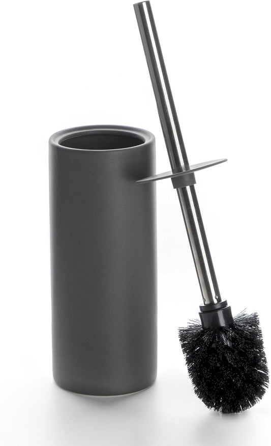 Matt Gray Ceramic Toilet Brush and Holder Set, Freestanding Toilet Bowl Cleaners Brush, Scrubber Brush for Toilet, Bathroom Accessories with Stainless Handle, Deep Cleaning
