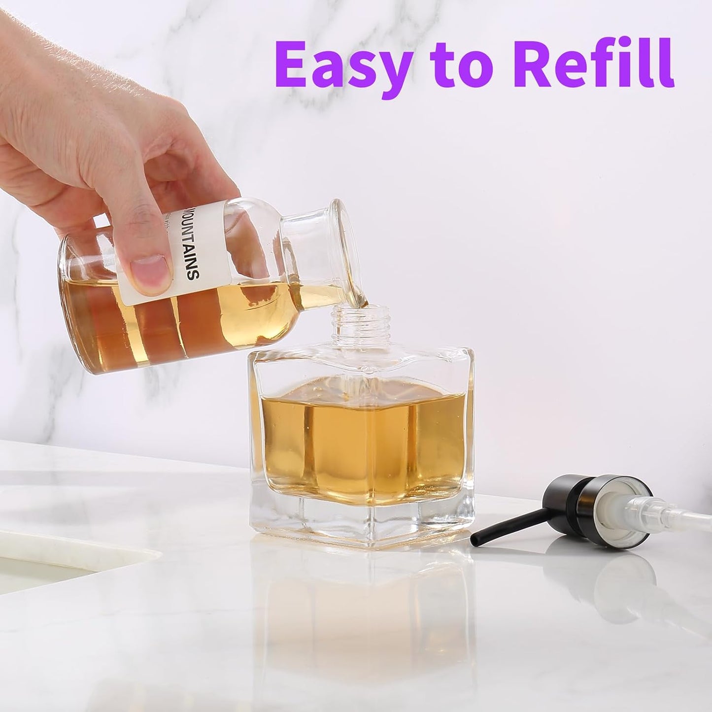 Square Bathroom Soap Dispenser Black, 8.4 oz Glass Bottles with Stainless Steel Pump Cube Liquid Hand Soap Dispenser Kitchen