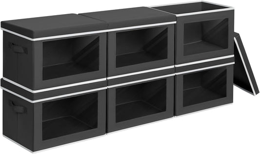 Collapsible Storage Bins with Lids - Stackable Storage Containers with Window, 6 Pack Fabric Organizing Bins for Closet, Home & Office Organization Baskets, Black, 14.9" x 9.8" x 9.8"