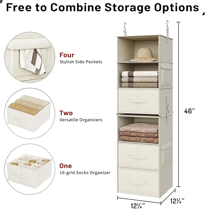 Vailando 6-Shelf Hanging Closet Organizer, 2 Separable 3-Shelf Hanging Shelves with 3 Drawers for Wardrobe, Nursery, Baby Clothes Organization and Storage, Beige