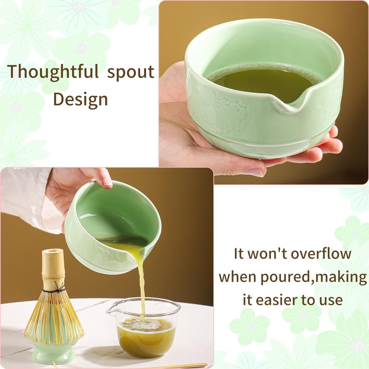 Matcha Tea Set, 5-Piece Ceramic Matcha Bowl & Whisk Kit with Cute Cat Pattern, Traditional Japanese Chawan, Scoop & Sifter, Perfect for Tea Ceremony, Gift for & Tea Lovers (green)