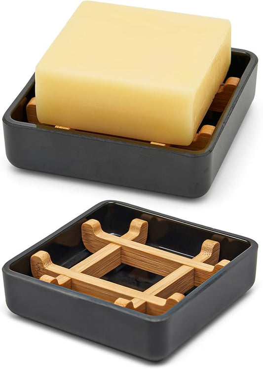 Bamboo Soap Dishes for Bar Soap Holders for Shower with Drainage for Bathroom Sink Bulk Small Wooden Soap Tray (Single Right Angle Black)