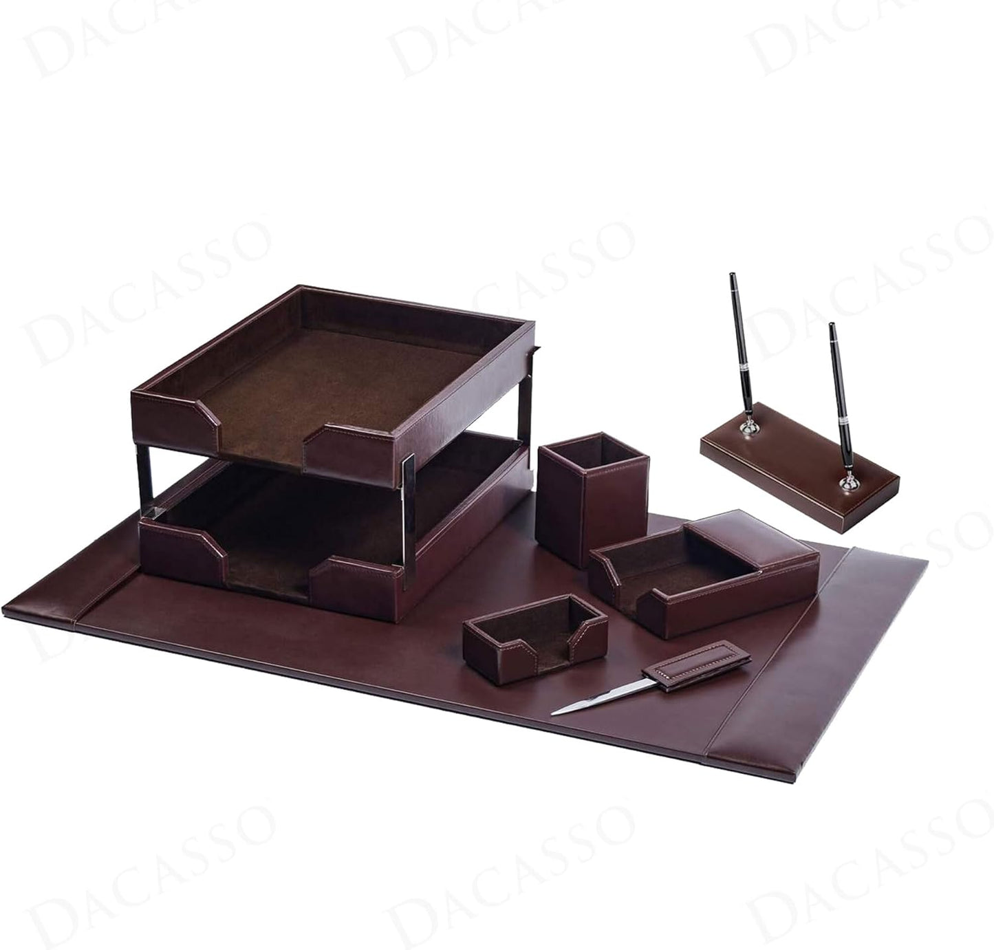Dacasso Dark Brown Bonded Leather Luxury 9-Piece Desk Set - Blotter Pad & Desk Organization Essentials - Executive Decor and Surface Protector