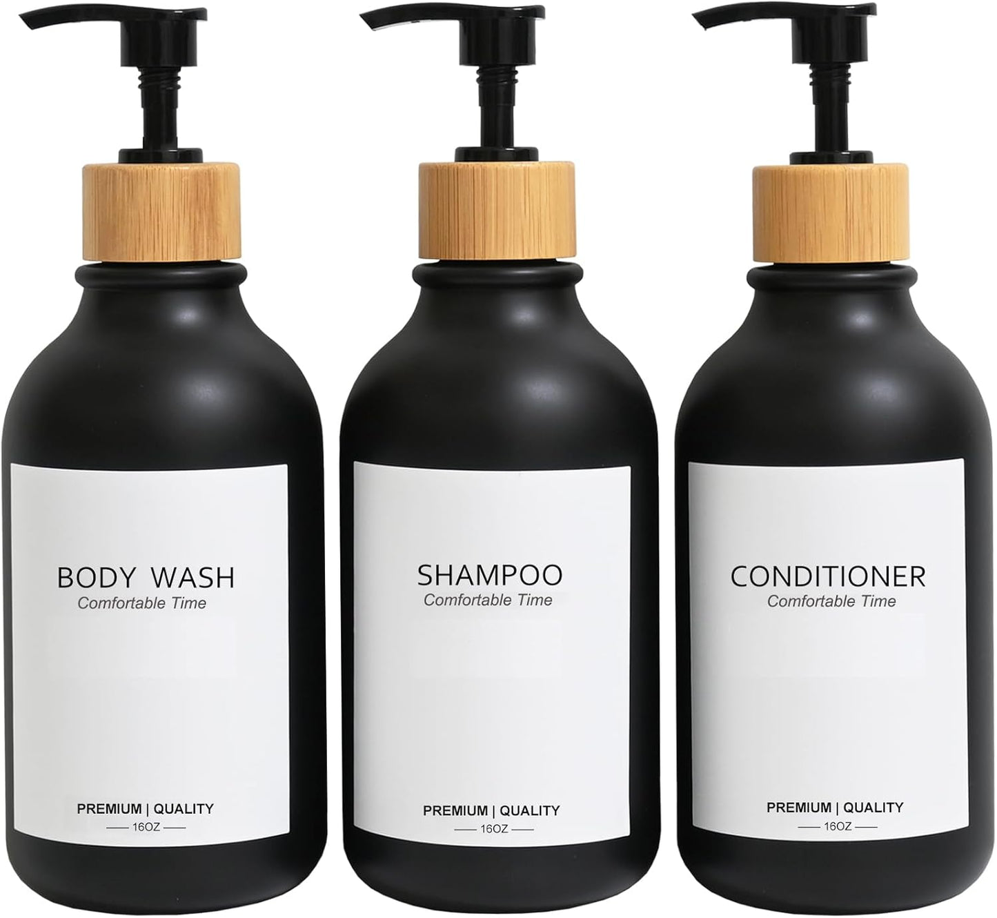 Frosted Heavy Duty Shampoo and Conditioner Bottles, Apothecary Dispenser Bamboo Pump, Refillable Shampoo Bottles for Shampoo Lotion Oil Shower Soap Hand Soap and Dish Soap (Matte Black)