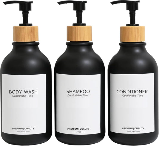 Frosted Heavy Duty Shampoo and Conditioner Bottles, Apothecary Dispenser Bamboo Pump, Refillable Shampoo Bottles for Shampoo Lotion Oil Shower Soap Hand Soap and Dish Soap (Matte Black)