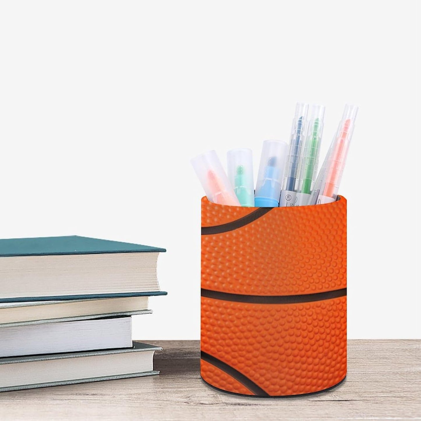 Basketball Print Texture Pen Holder Pencil Organizer Cute Pencil Cup Desk Decor Makeup Brush Holder PU Multifunctional Office Suppliesfor Home Classroom School
