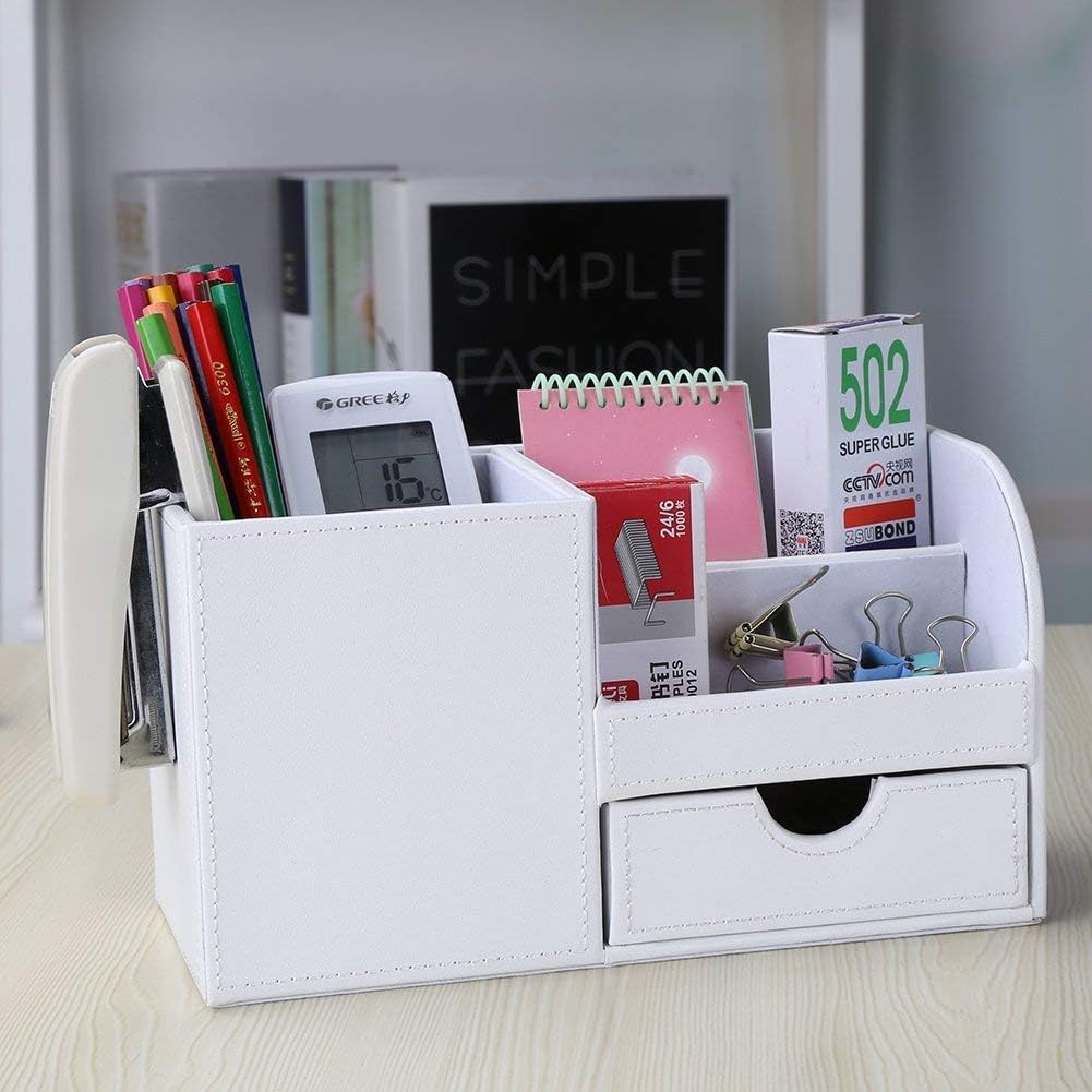 KINGFOM Desk Organizer Office Supplies Caddy Pu Leather Multi-function Storage Box Pen/Pencil,Cell phone, Business Name Cards Remote Control Holder with Small Drawer White