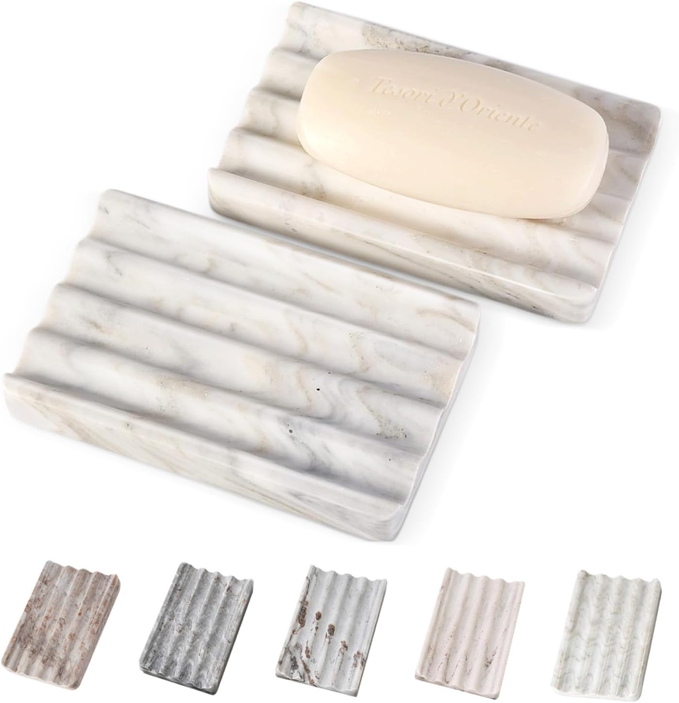 2PCS Koville Italian Natural Marble Soap Dish for Shower, Multi-Color Stone Soap Tray for Bathroom, Bar Soap Holder for Sink, Stripe Grooves Soap Saver Sponge Holder (White/Brown Random)