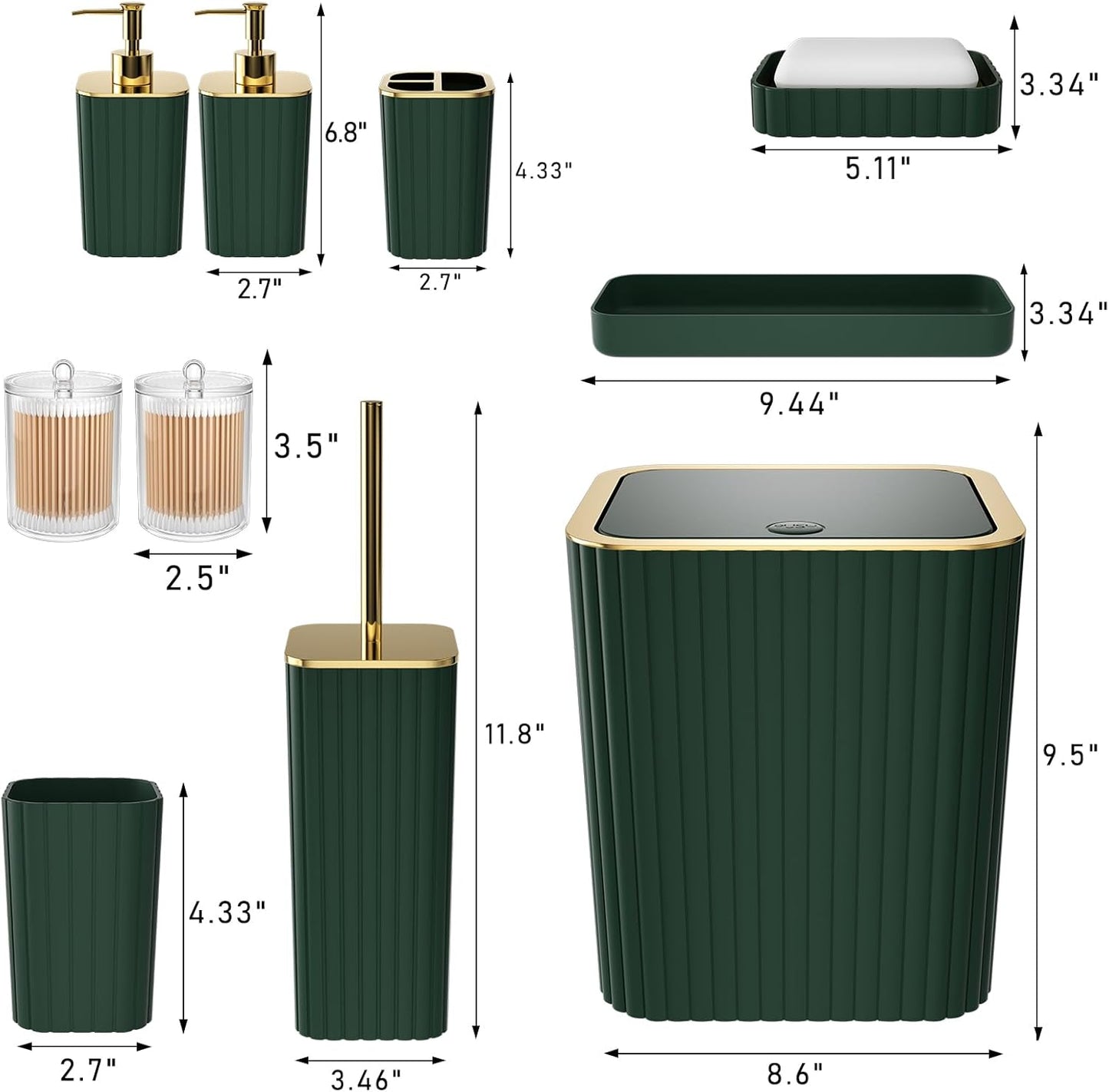 Bathroom Accessories Set - Gorgeous Green Bathroom Set, 10PC Green Bathroom Accessory Set, Bathroom Sets with Toilet Brush, Bathroom Trash Can