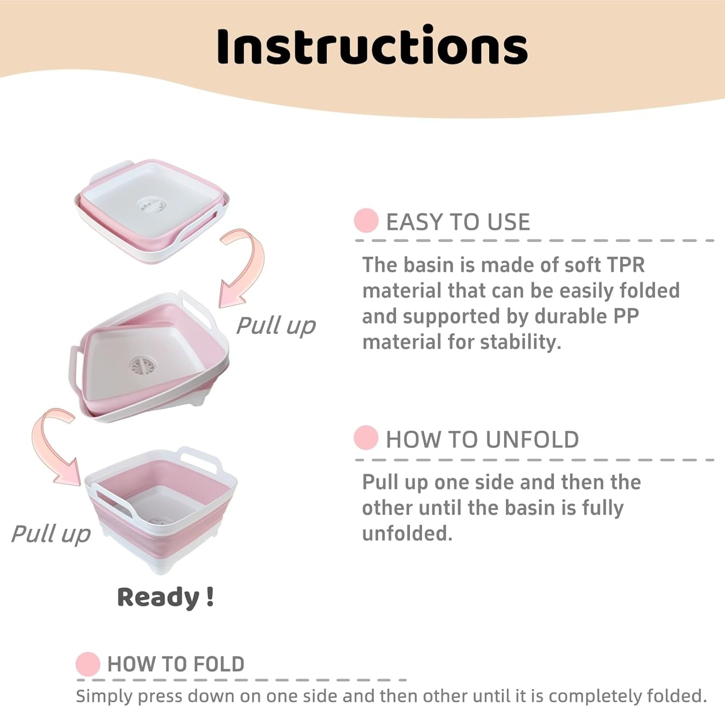 Collapsible Wash Basin for Baby Bottles - 2.4 Gallons Portable Wash Bin for RV Camping Sink, Space-Saving Dish Tub (Pink)