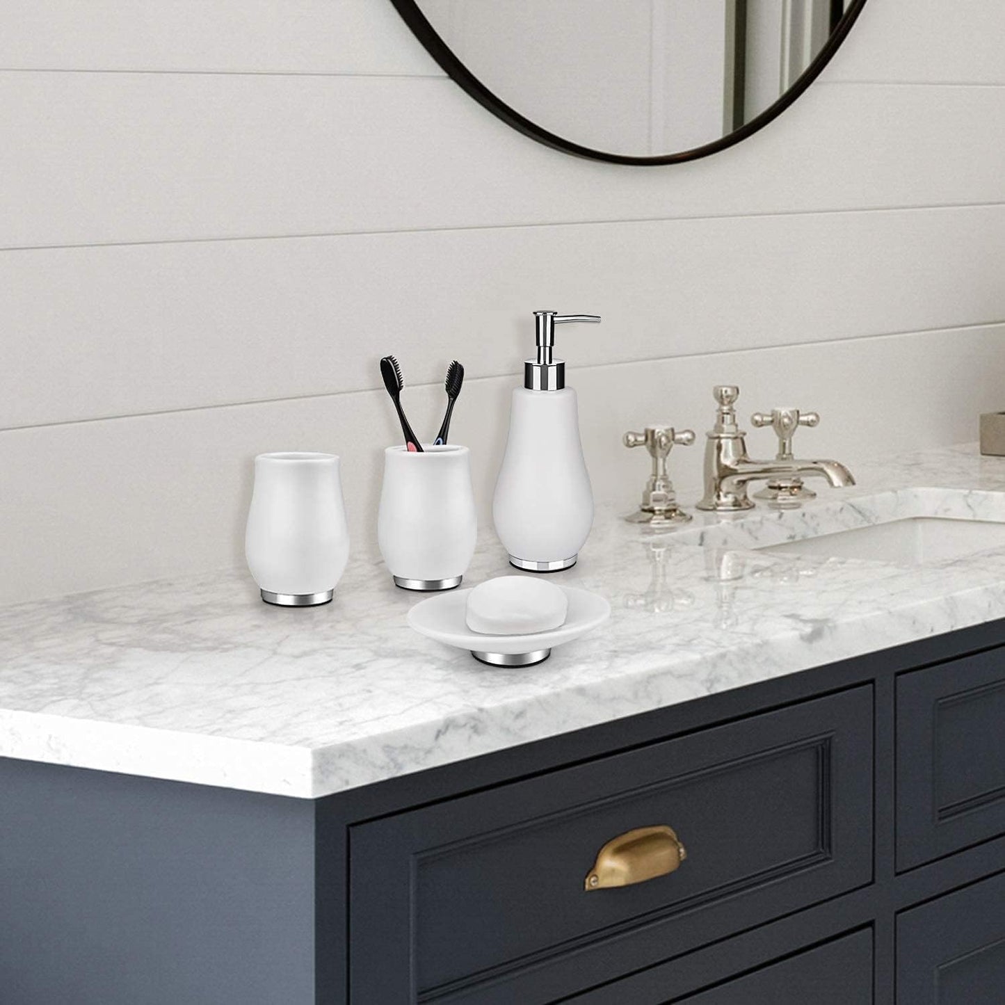 Bathroom Accessories Set 4 Pcs Toothbrush Holder Soap Dispenser Ceramic Bathroom Accessory Set with Toothbrush Cup Soap Dish Tumbler White