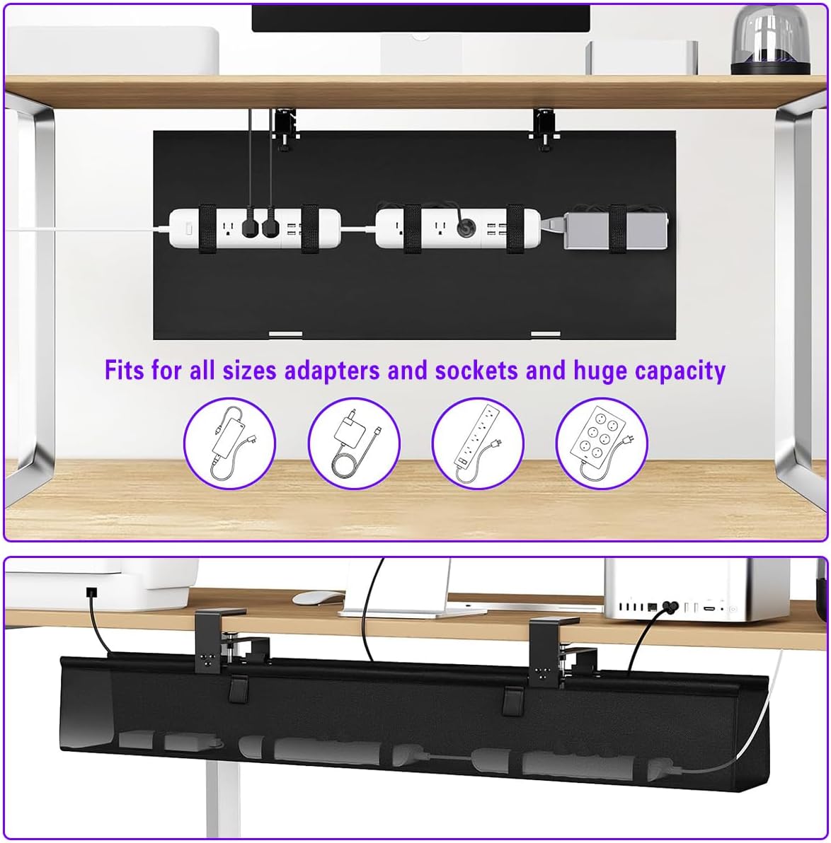 Under Desk Cable Management Tray 36" - No Drill Computer Wire Organizer Cable Tray, Fabric Cord Hider Clamp Mount, Premium Fabric Cable Management Tray for Office, Home (Black/1set)