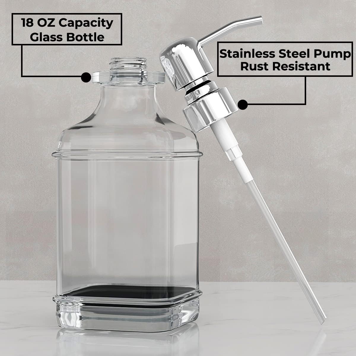 GLADPURE Soap Dispenser - 2 Pack, 18 Oz Antique Design Thick Glass Hand Soap Dispensers; with 304 Rust Proof Stainless Steel Pump, 6Pcs Clear Stickers, for Kitchen, Bathroom - Silver