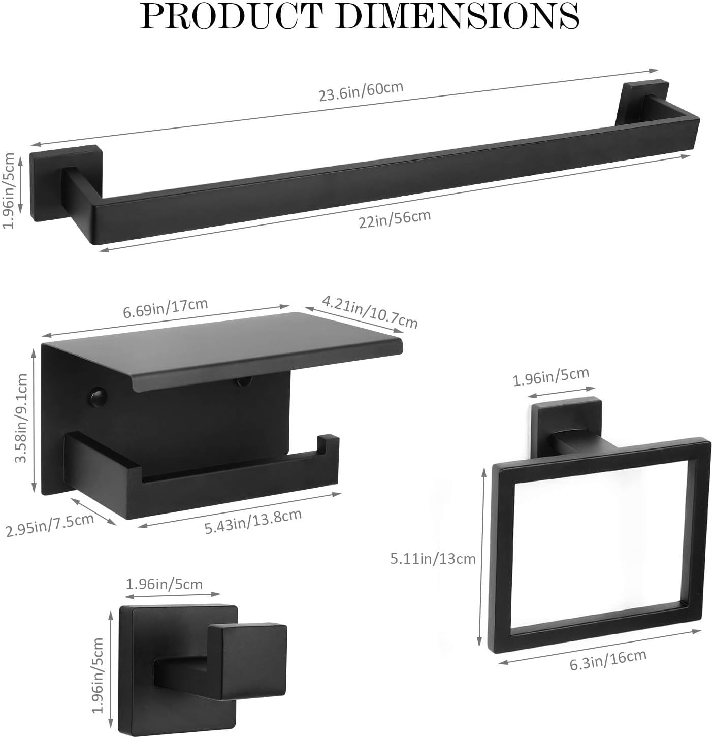 10 Pieces Black Towel Bar Set Bathroom Hardware Accessories Set Upgraded Toilet Paper Holder with Shelf Towel Holder Set for Bathroom Stainless Steel Wall Mounted 23.6in