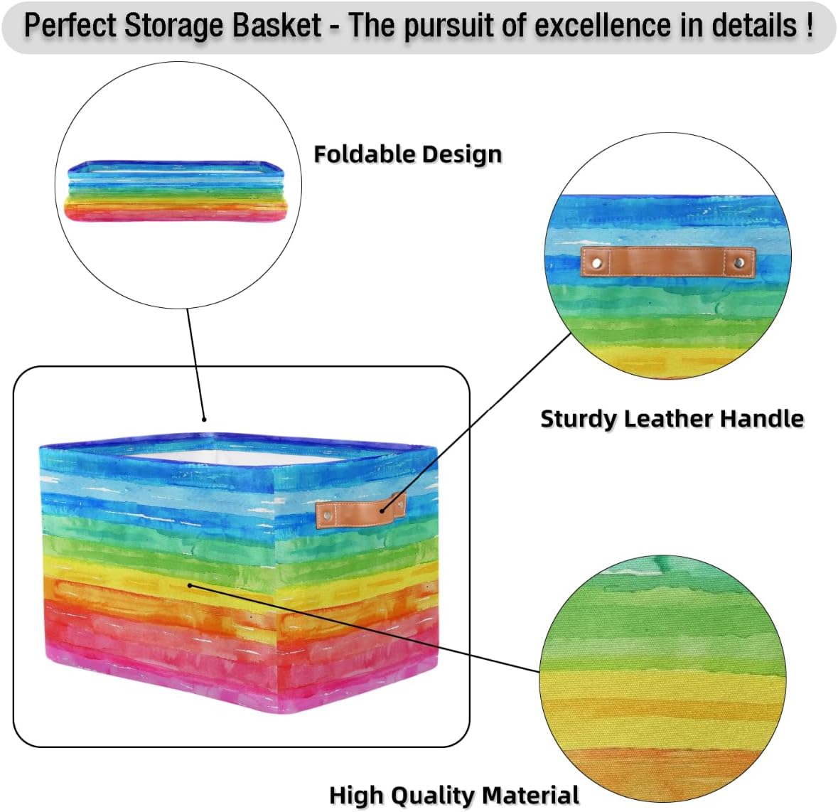 Watercolor Rainbow Storage Basket for Shelves, Storage Bins with Handles, Collapsible Basket for Organizing, Closet Toy Baskets for Nursery Room, 15x11x9.5 in, Canvas, Rainbow Colored