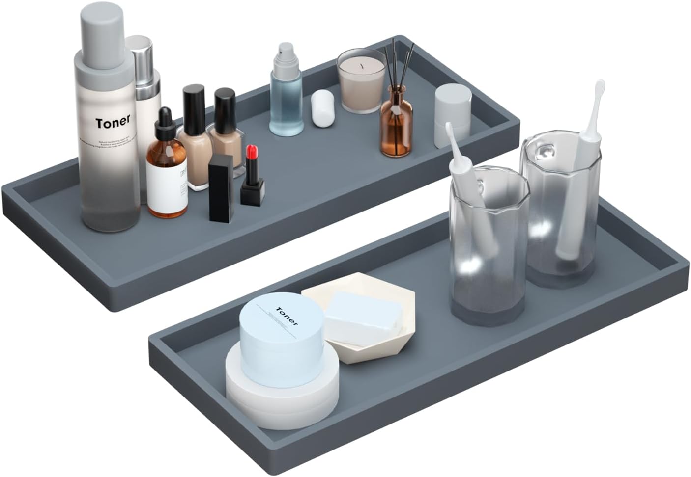 BBK Bathroom Trays 2 Pack (Large, Gray) - Silicone, Rectangular, Dishwasher Safe - Organize Toiletries & Grooming Products