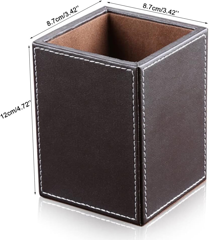 KINGFOM PU Leather Square Pens Pencils Holder Cup Desktop Stationery Organizer Case Office Accessories Container Box Brown