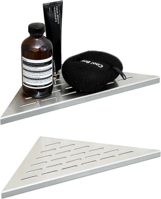 MENATT 10" No Drilling Corner Shower Shelf (2-Pack) – Recessed Stainless Steel Shower Caddy for Tiled Walls, Brushed 304 Steel Bathroom Shelves, Wall Mounted Triangular Organizer