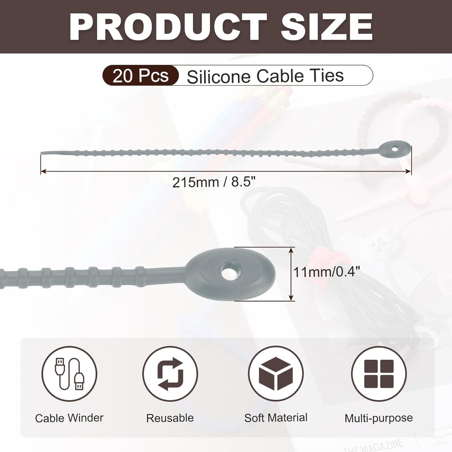 uxcell 20 Pcs Silicone Ties Bag Clip, 8.5 Inch Multi Purpose Silicone Zip Ties Reusable Rubber Zip Tie, Cable Strap Cord Organizer for Home Office Food Bag Wires Cables, Gray