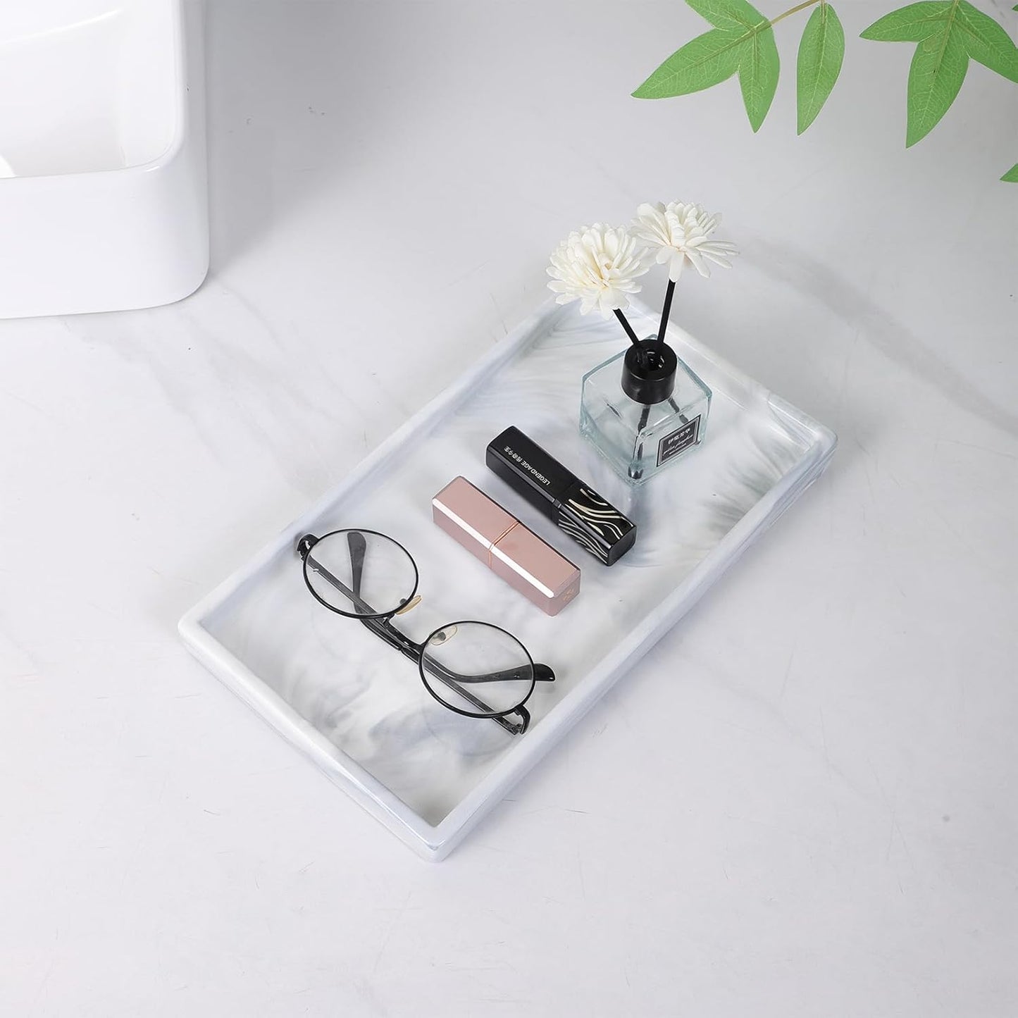 Bathroom Vanity Tray - 11'' Ceramic Rectangle Countertop Tray, Heavy-Duty Perfume Organizer Plate, Jewelry Ring Tray, Kitchen Soap Dispenser Stone Trays, Marble White