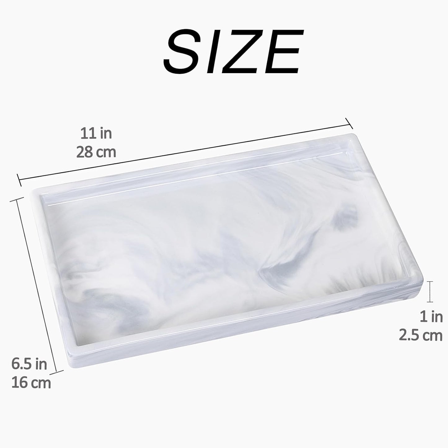 Bathroom Vanity Tray - 11'' Ceramic Rectangle Countertop Tray, Heavy-Duty Perfume Organizer Plate, Jewelry Ring Tray, Kitchen Soap Dispenser Stone Trays, Marble White