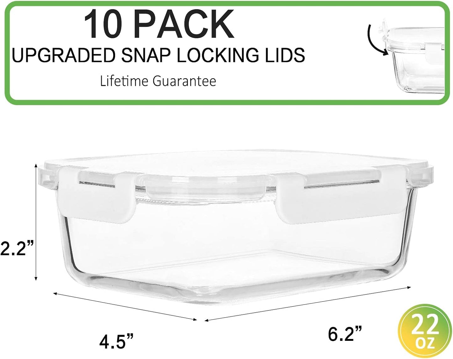 M MCIRCO 10-Pack 22 Oz Glass Meal Prep Containers with Lids - Microwave, Oven, Freezer & Dishwasher Safe - White
