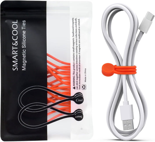SMART&COOL Reusable Silicone Magnetic Cable Ties for Bundling and Organizing, Holding Stuff, Book Markers, Fridge Magnets, Assorted Color, 7.16'' (10-Pack,Orange)
