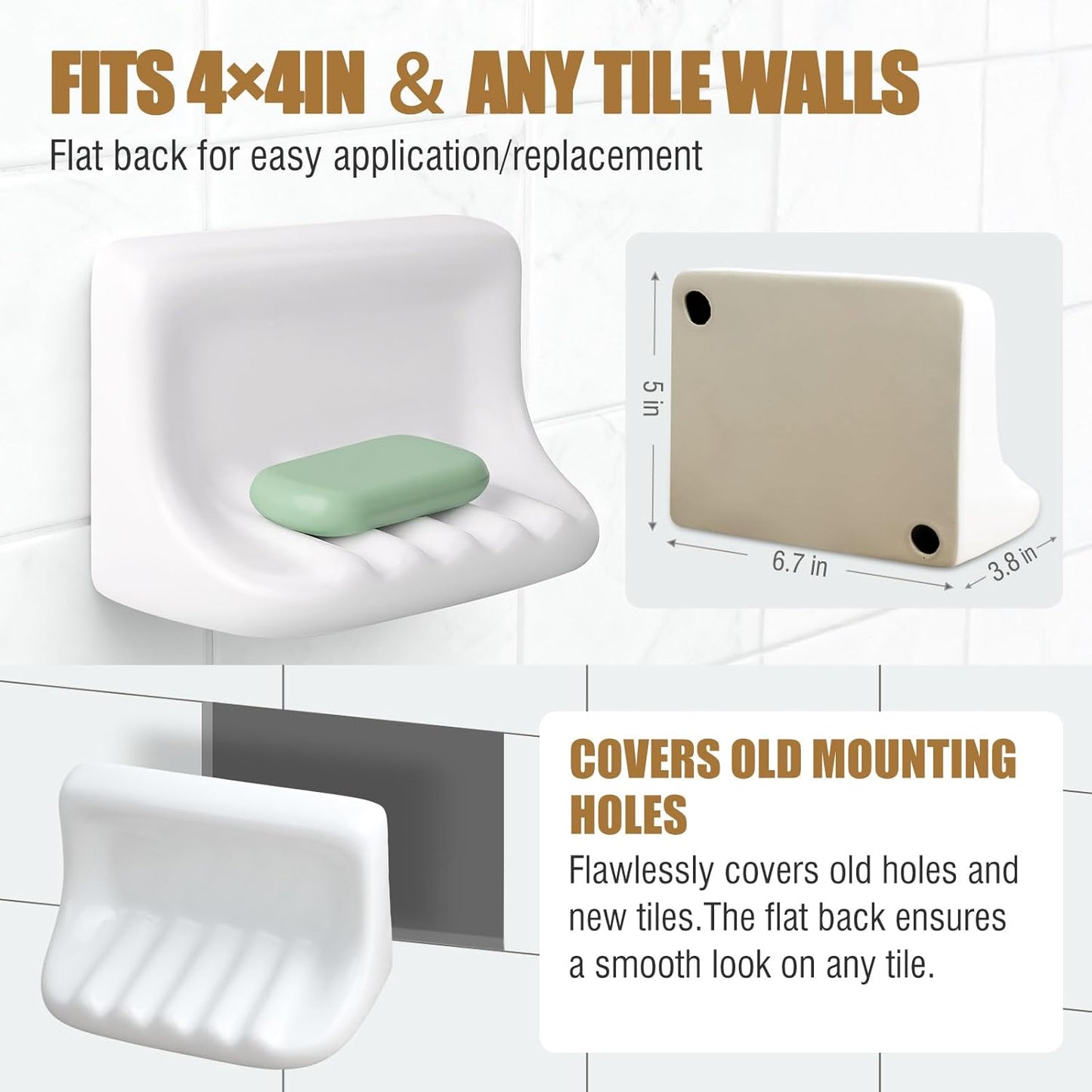 OTHIX Shower Soap Holder & Ceramic Soap Dish for Shower Wall Fits 4x4 Inch Tile Walls, Heavy-Duty Soap Tray with Drainage Slope for Bathroom, Easy Install, No-Slip, White